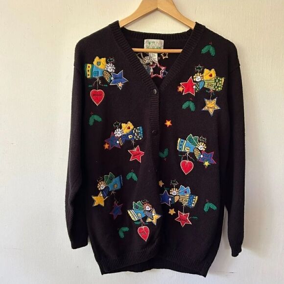 Quacker Factory Cardigan Womens Size Medium Black Knit Sweater Angels Miracles - Picture 2 of 8